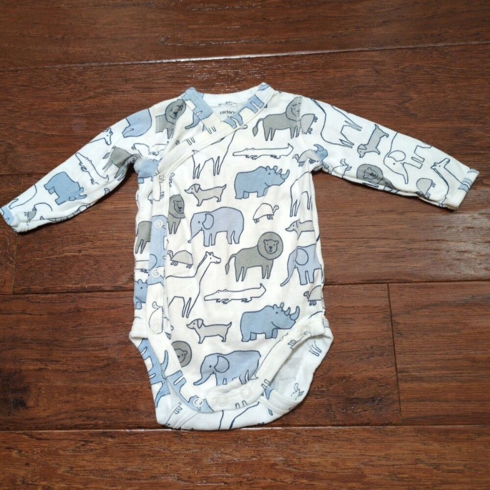 3M Carters‎ Baby Side Snap Kimono Onesie Bodysuit Long Sleeve Blue Gray Animal